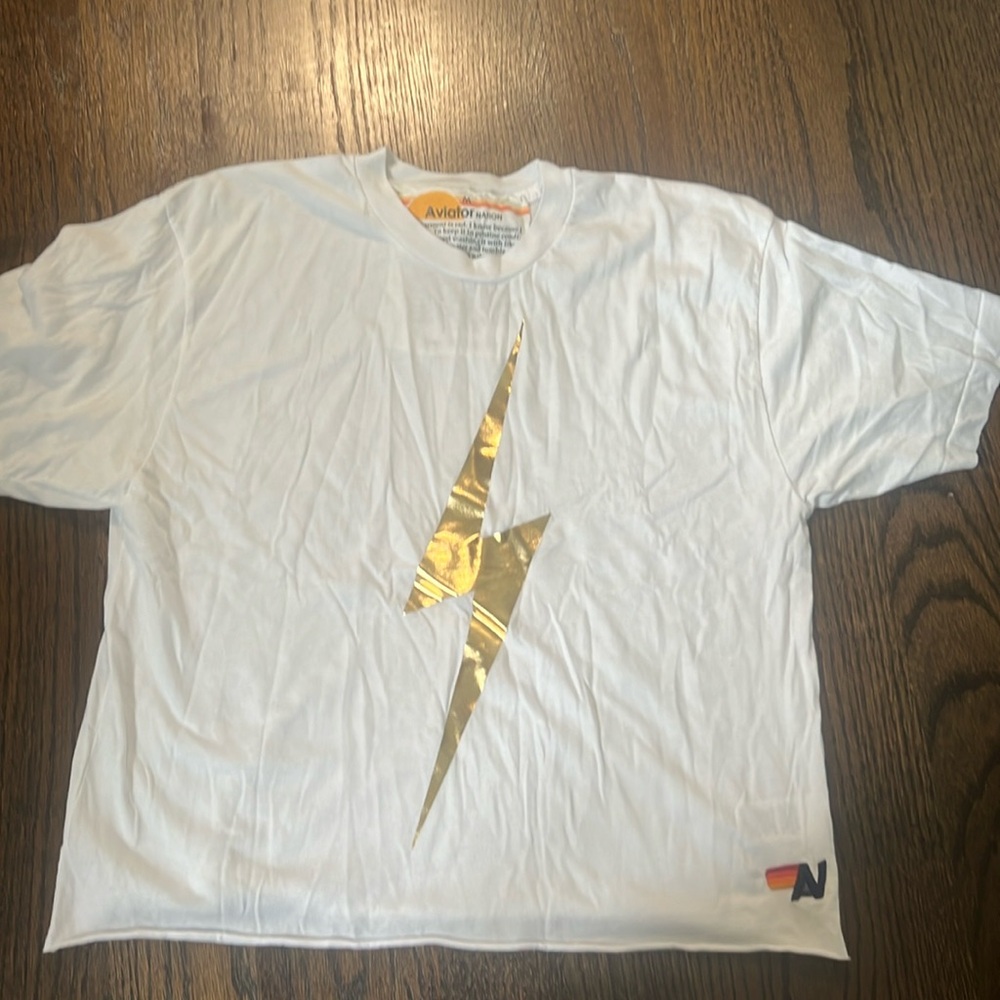 Aviator nation white shirt with gold lighting bolt
